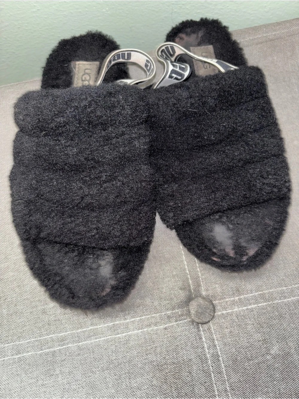 UGG Kids Black Fuzzy Slide Slippers with Branded Strap